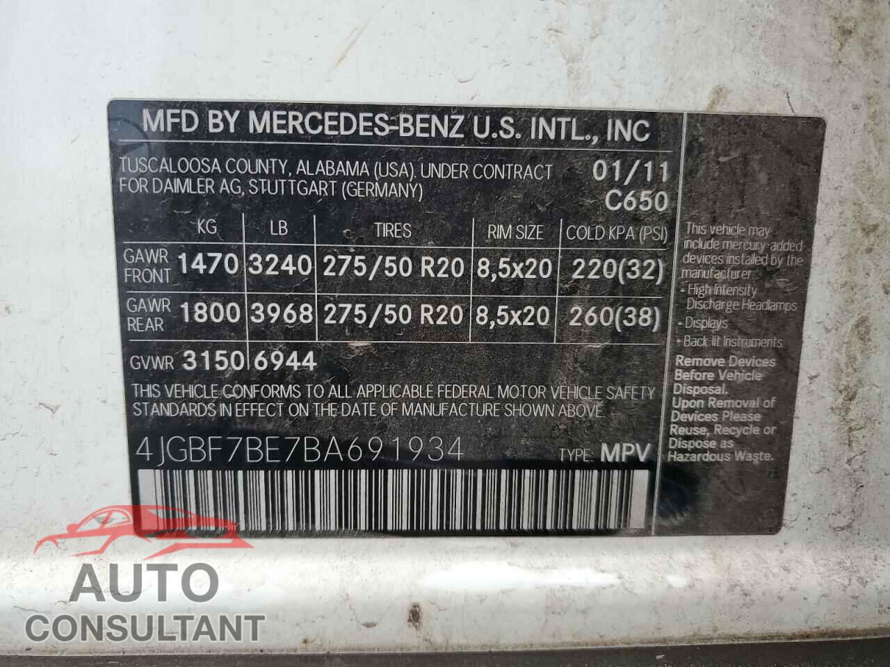 MERCEDES-BENZ GL-CLASS 2011 - 4JGBF7BE7BA691934