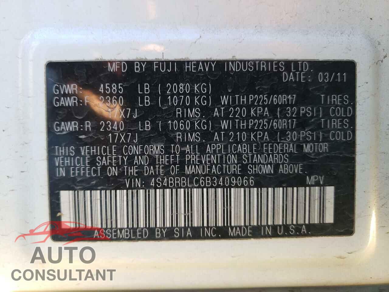 SUBARU OUTBACK 2011 - 4S4BRBLC6B3409066