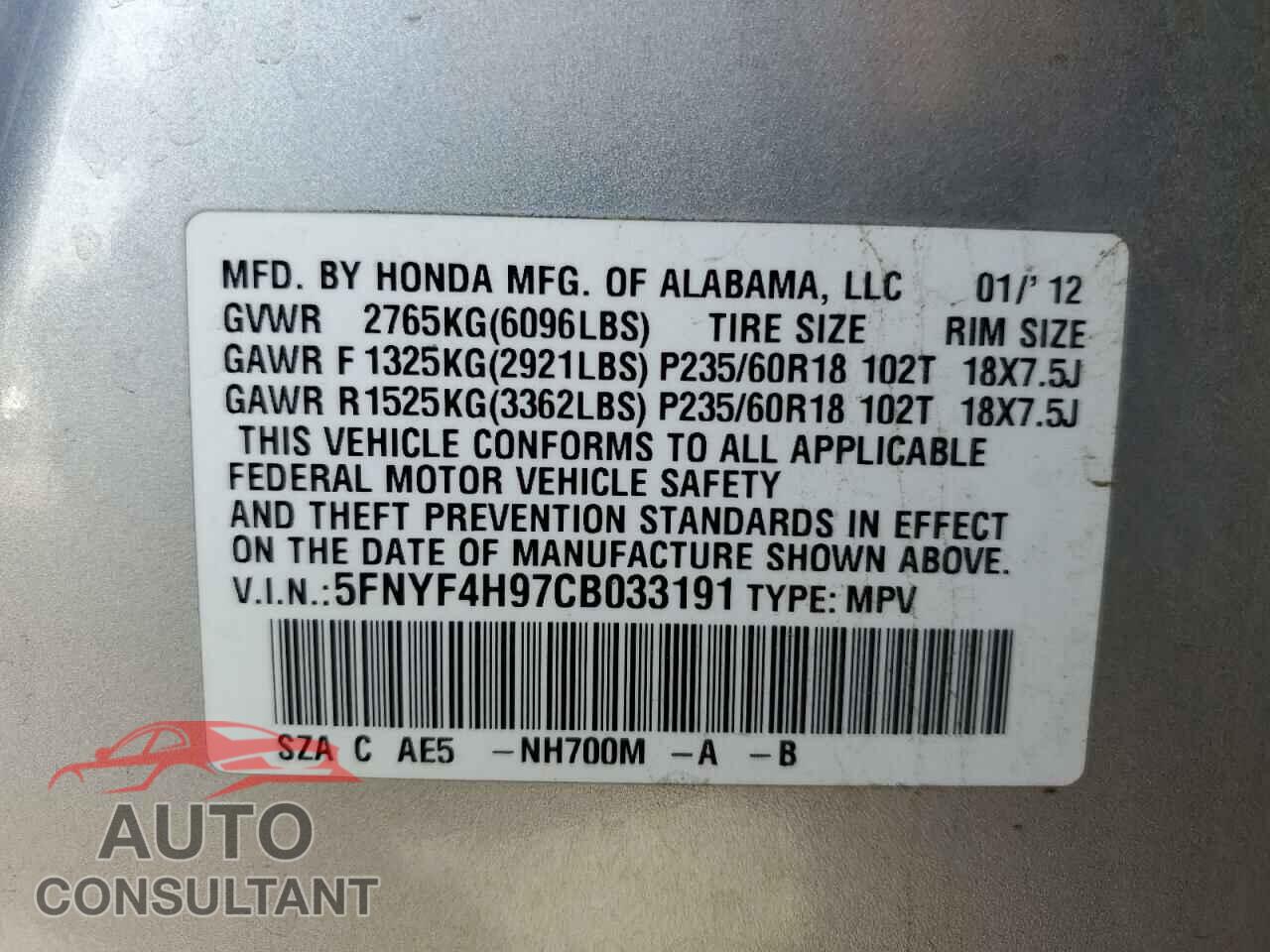 HONDA PILOT 2012 - 5FNYF4H97CB033191