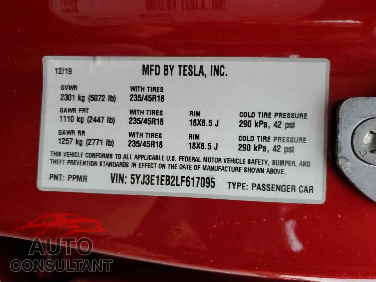 TESLA MODEL 3 2020 - 5YJ3E1EB2LF617095