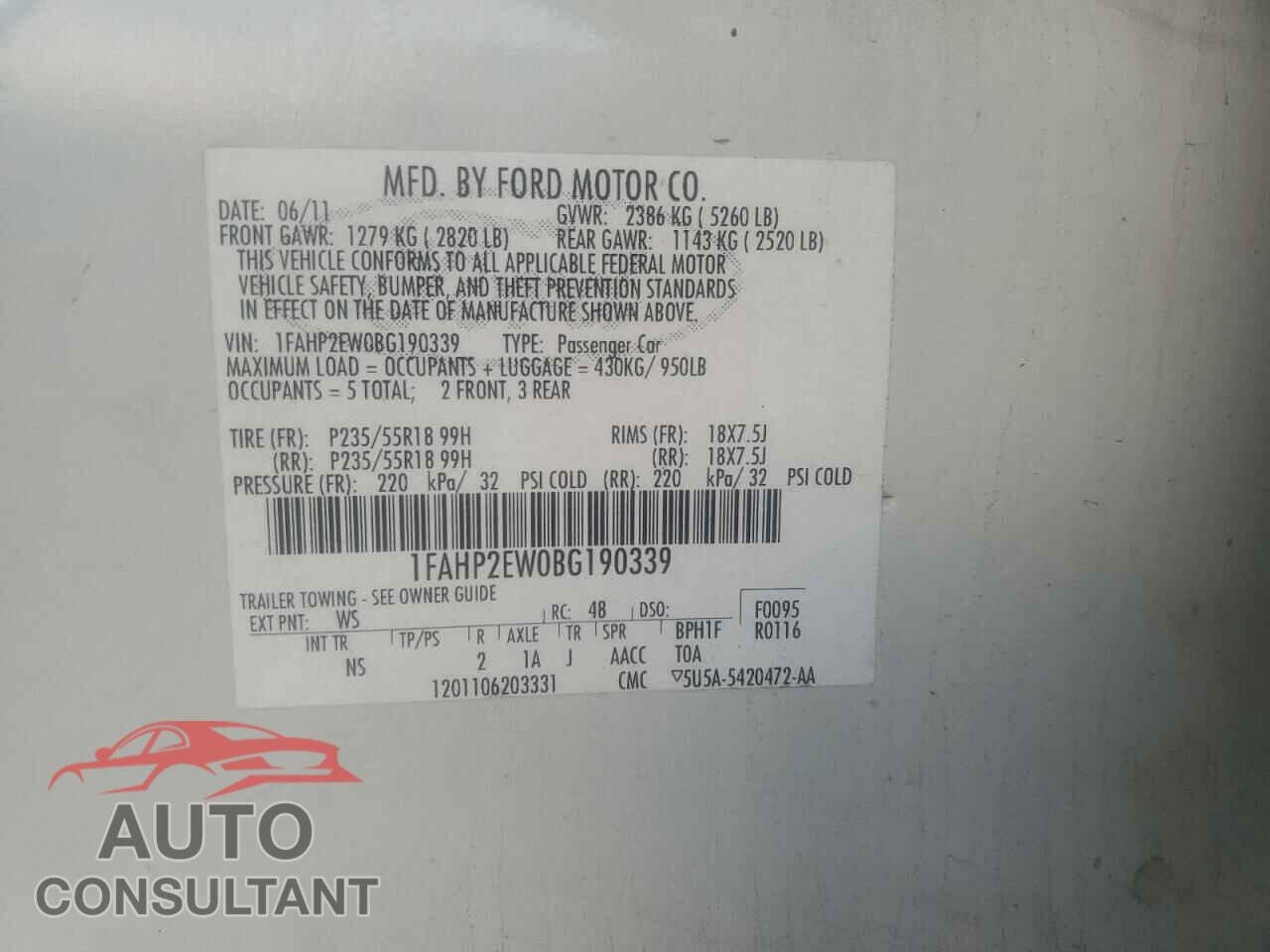 FORD TAURUS 2011 - 1FAHP2EW0BG190339