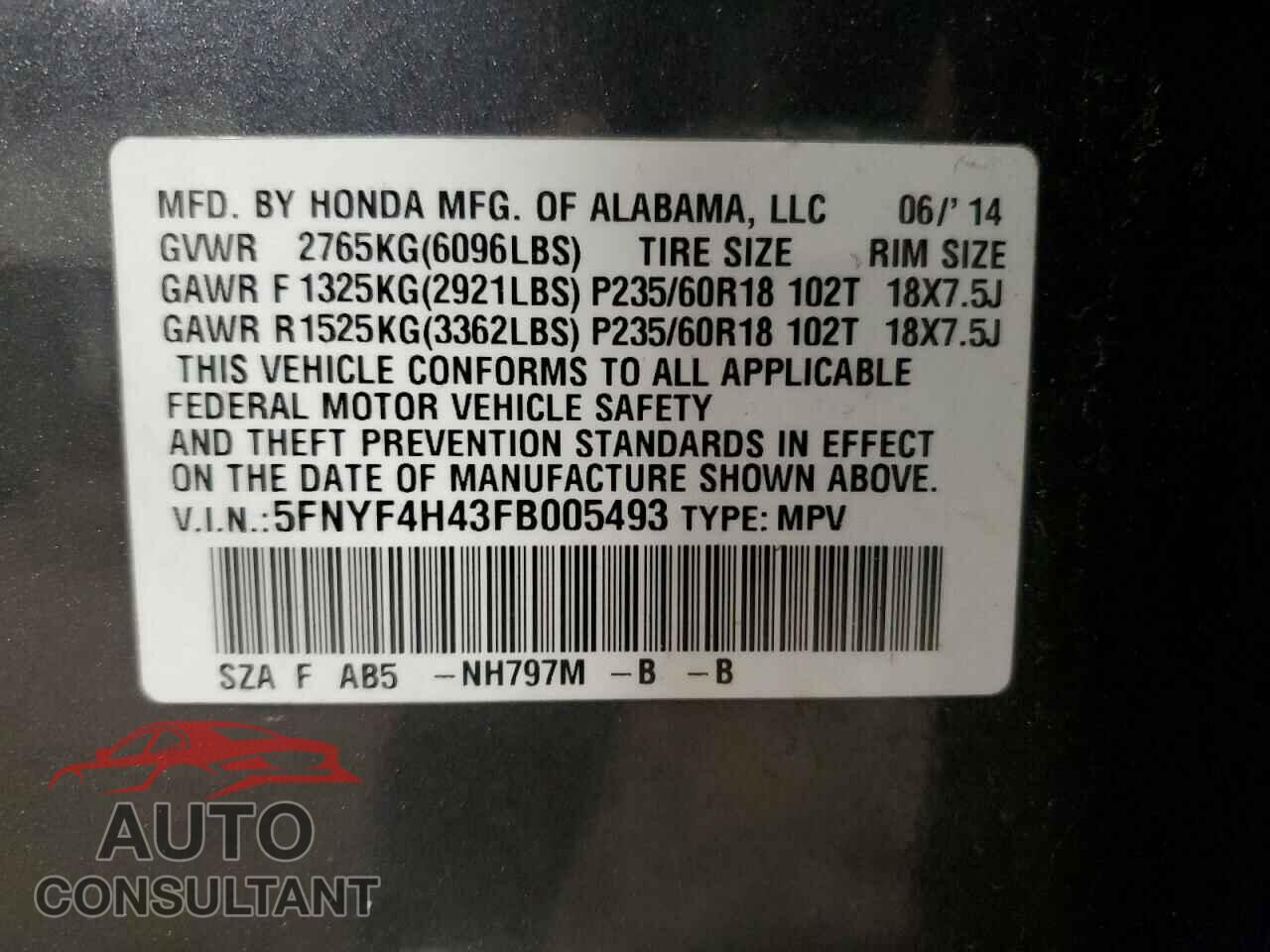 HONDA PILOT 2015 - 5FNYF4H43FB005493