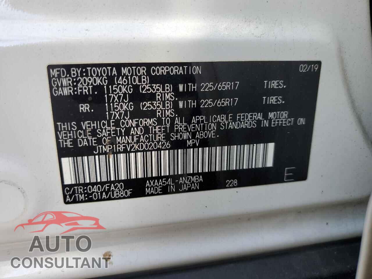 TOYOTA RAV4 2019 - JTMP1RFV2KD020426
