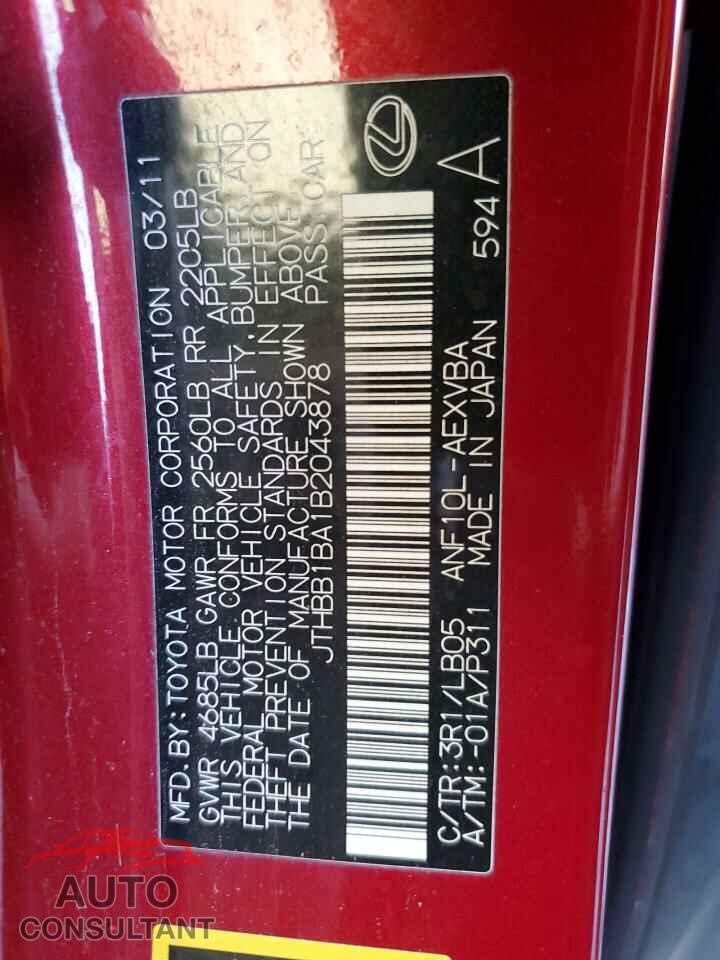 LEXUS HS 2011 - JTHBB1BA1B2043878
