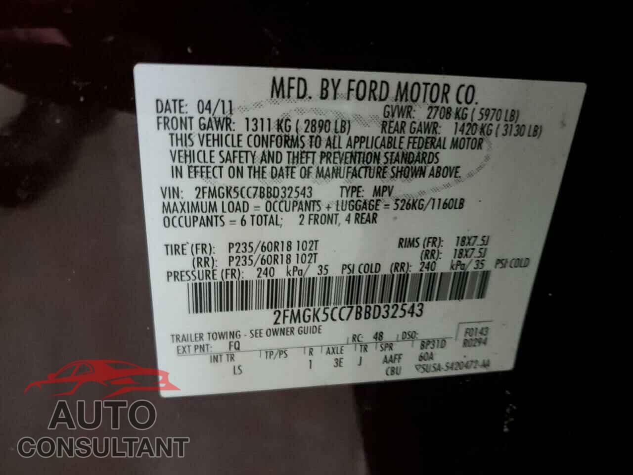 FORD FLEX 2011 - 2FMGK5CC7BBD32543