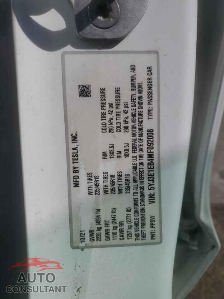 TESLA MODEL 3 2021 - 5YJ3E1EB4MF092008