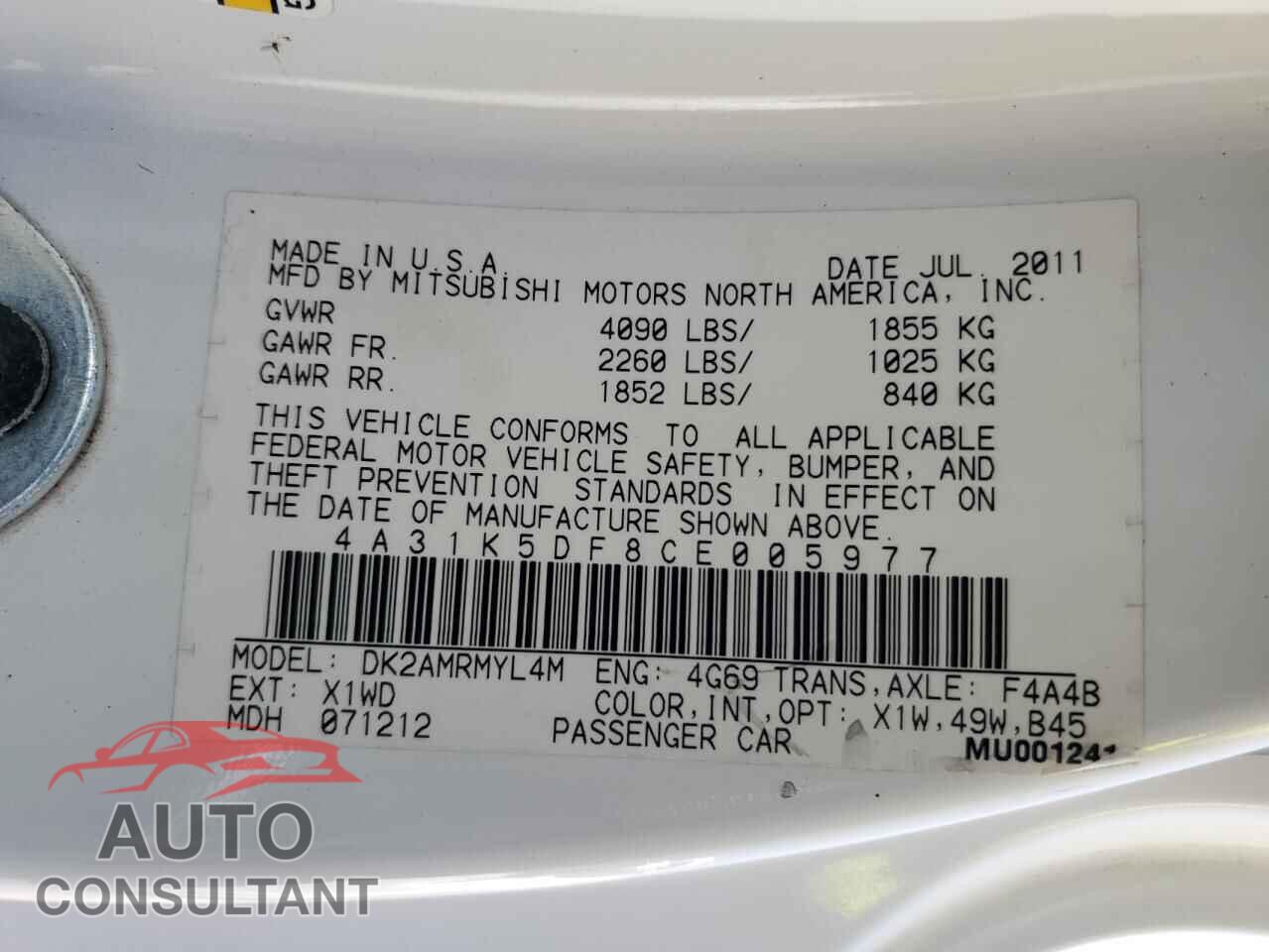 MITSUBISHI ECLIPSE 2012 - 4A31K5DF8CE005977