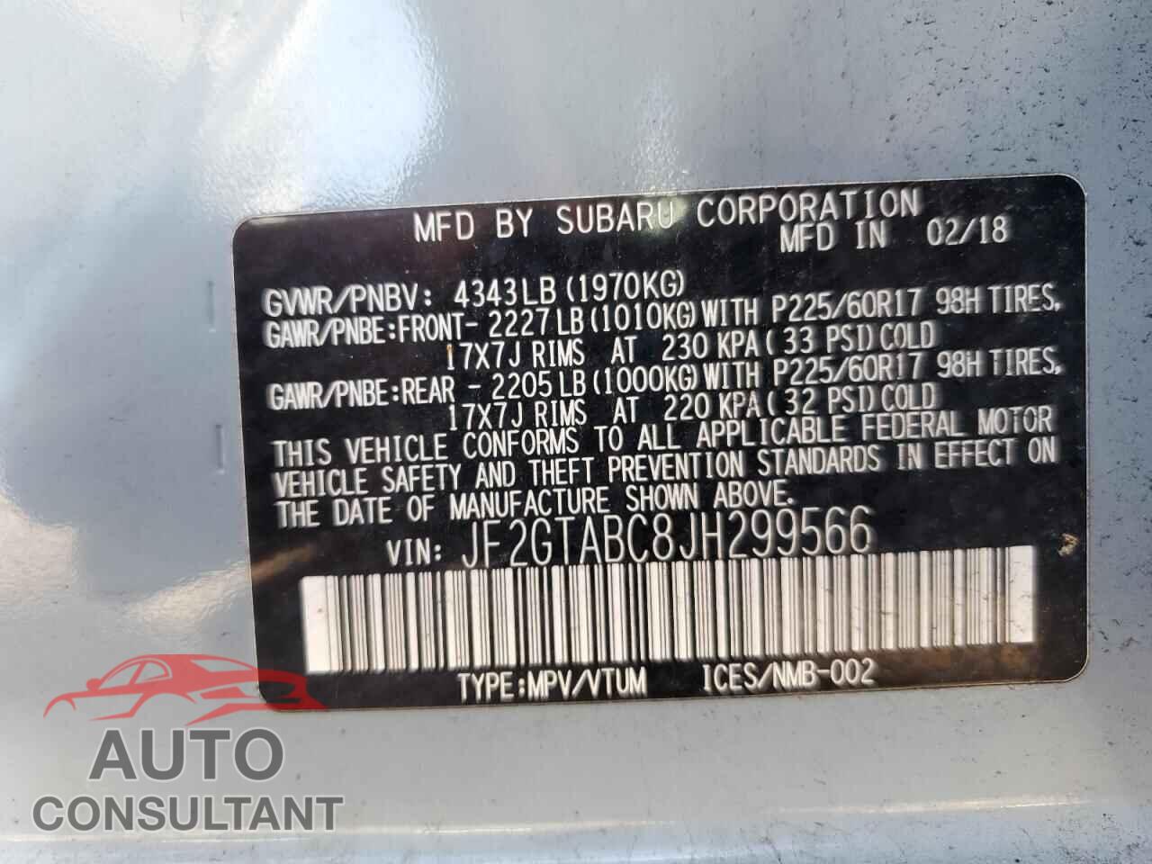 SUBARU CROSSTREK 2018 - JF2GTABC8JH299566