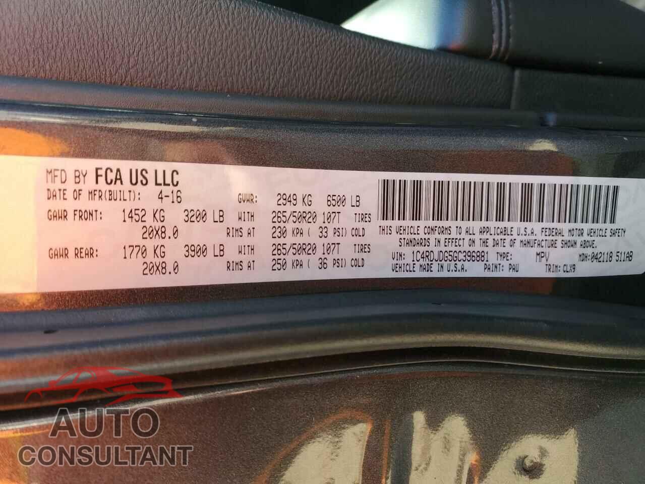 DODGE DURANGO 2016 - 1C4RDJDG5GC396881