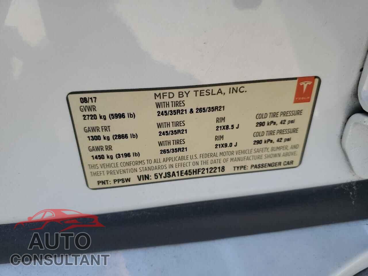 TESLA MODEL S 2017 - 5YJSA1E45HF212218