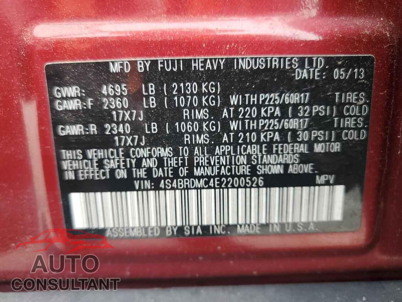 SUBARU OUTBACK 2014 - 4S4BRDMC4E2200526