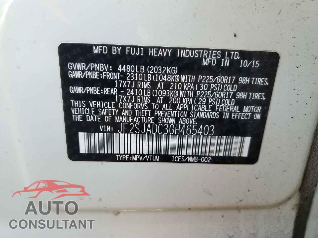 SUBARU FORESTER 2016 - JF2SJADC3GH465403