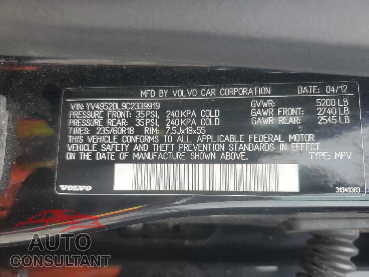 VOLVO XC60 2012 - YV4952DL9C2339919