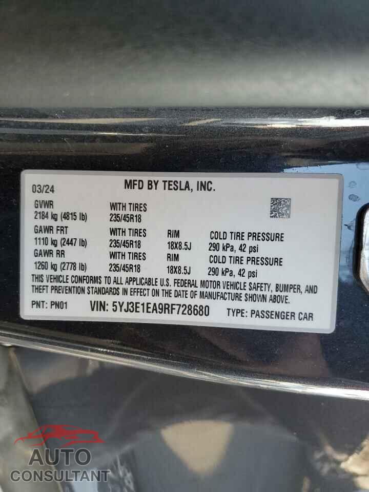 TESLA MODEL 3 2024 - 5YJ3E1EA9RF728680