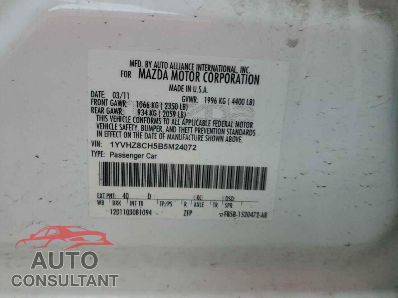 MAZDA 6 2011 - 1YVHZ8CH5B5M24072