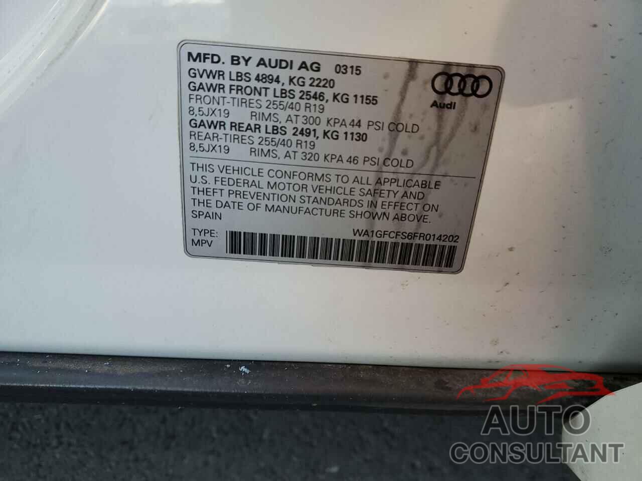 AUDI Q3 2015 - WA1GFCFS6FR014202