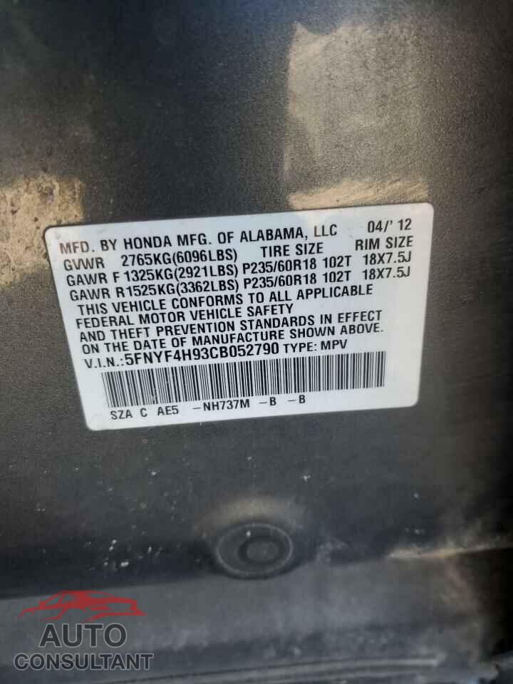 HONDA PILOT 2012 - 5FNYF4H93CB052790