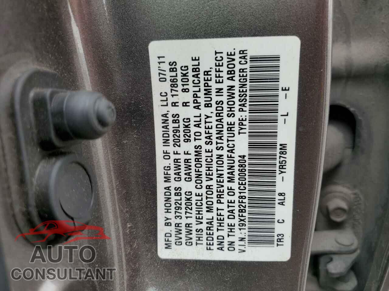 HONDA CIVIC 2012 - 19XFB2F81CE006804