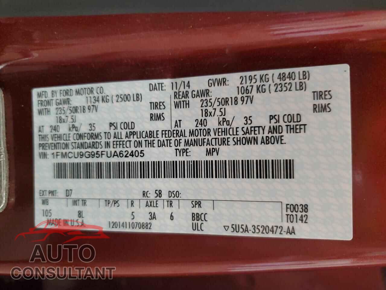 FORD ESCAPE 2015 - 1FMCU9G95FUA62405
