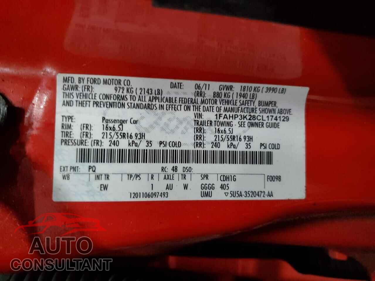 FORD FOCUS 2012 - 1FAHP3K28CL174129