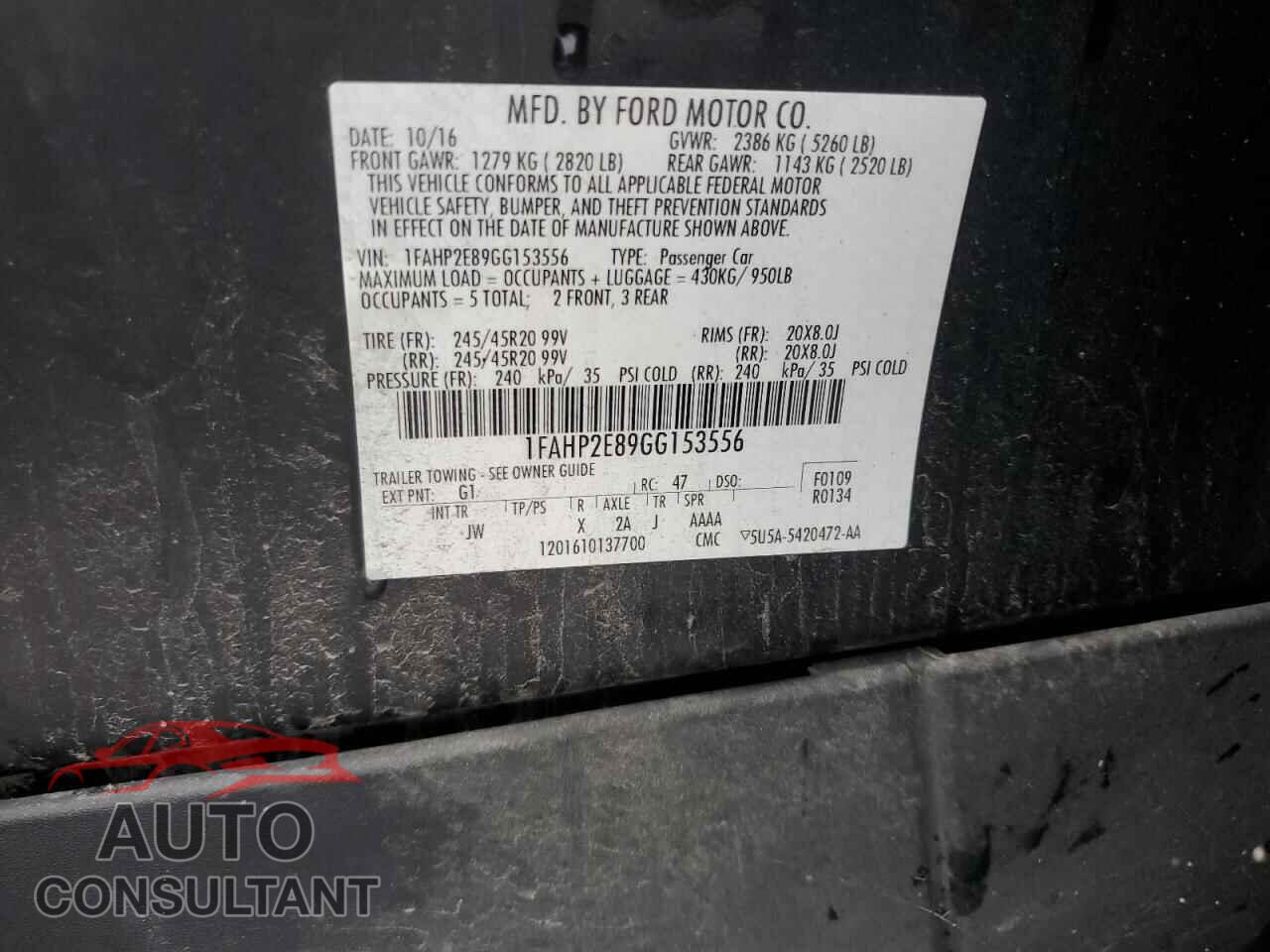 FORD TAURUS 2016 - 1FAHP2E89GG153556