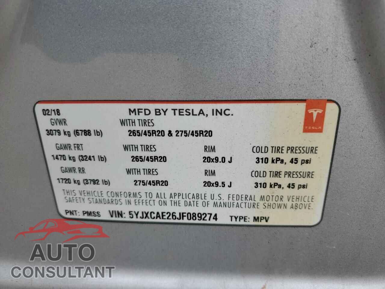 TESLA MODEL X 2018 - 5YJXCAE26JF089274