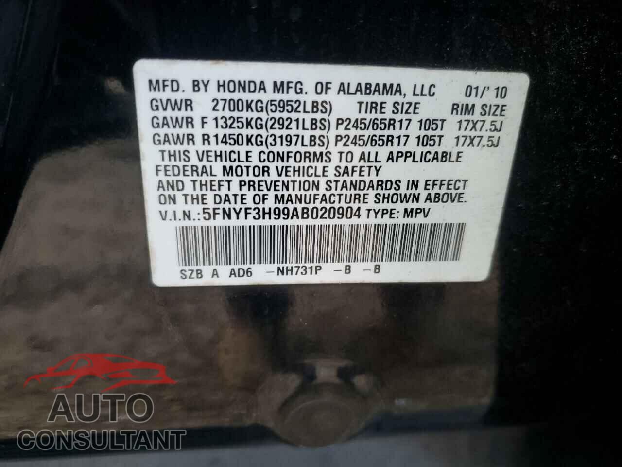HONDA PILOT 2010 - 5FNYF3H99AB020904