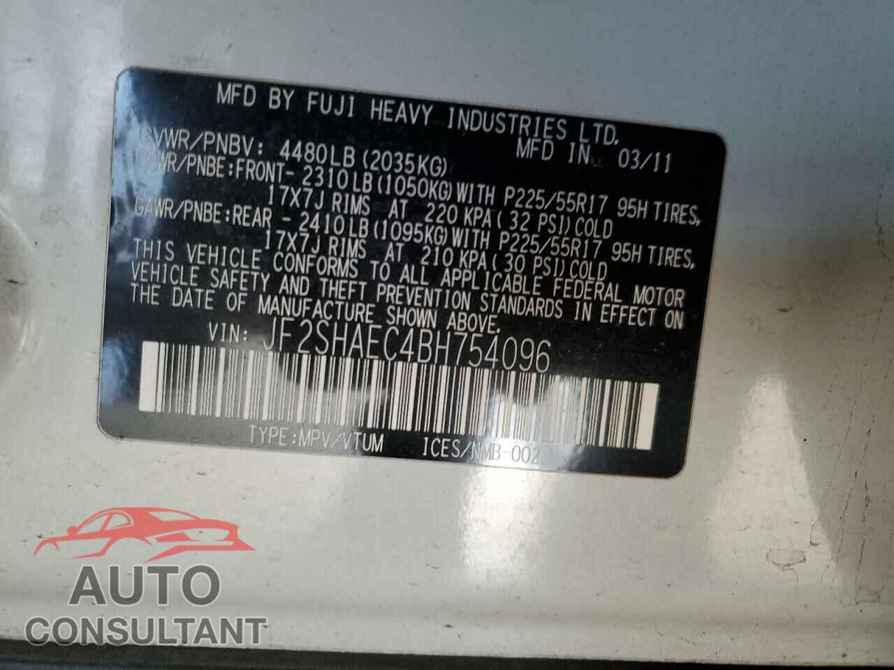 SUBARU FORESTER 2011 - JF2SHAEC4BH754096
