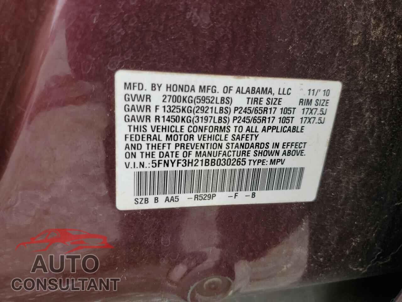 HONDA PILOT 2011 - 5FNYF3H21BB030265