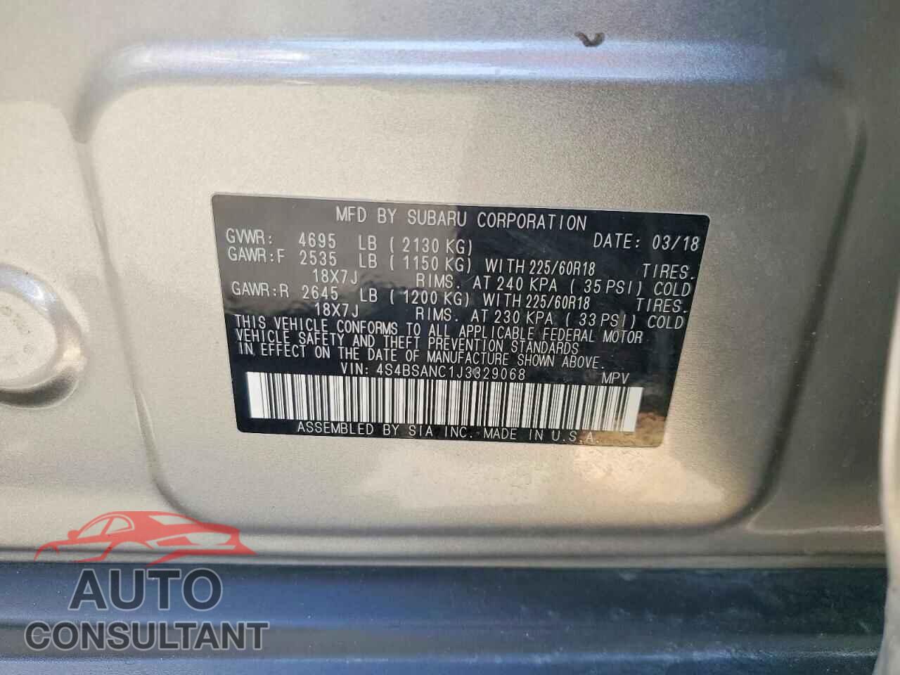 SUBARU OUTBACK 2018 - 4S4BSANC1J3329068
