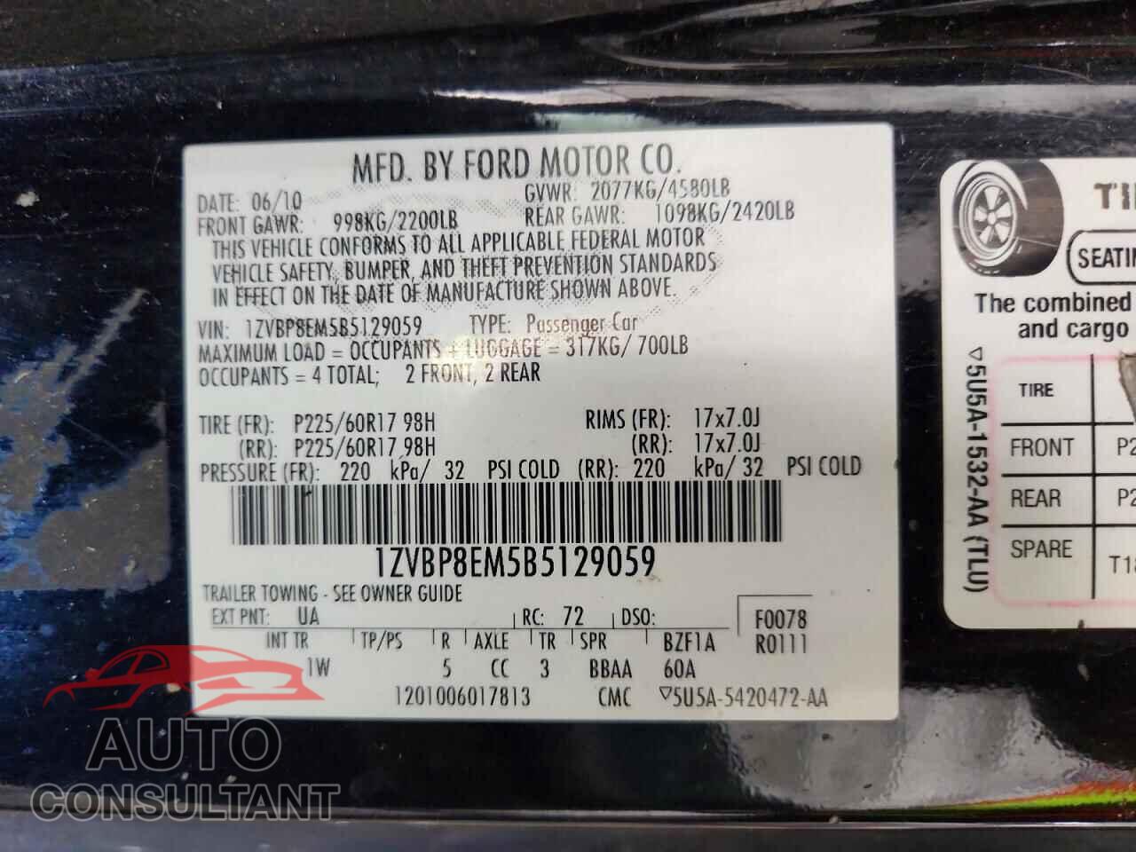 FORD MUSTANG 2011 - 1ZVBP8EM5B5129059