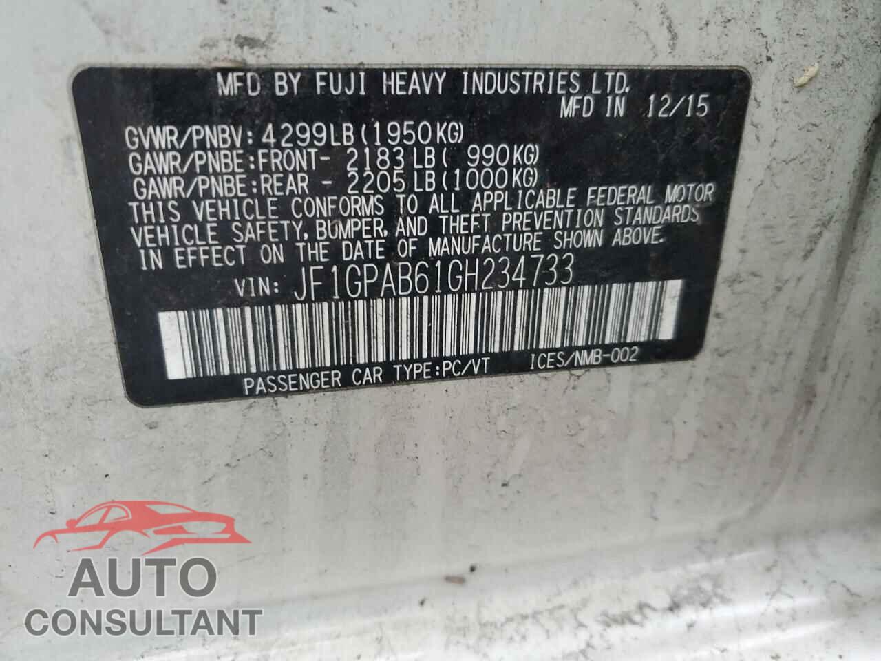SUBARU IMPREZA 2016 - JF1GPAB61GH234733