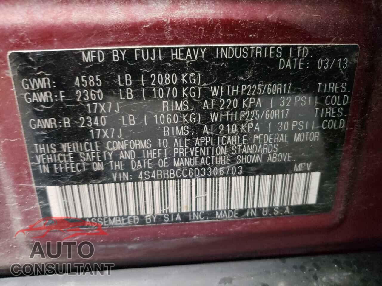 SUBARU OUTBACK 2013 - 4S4BRBCC6D3306703