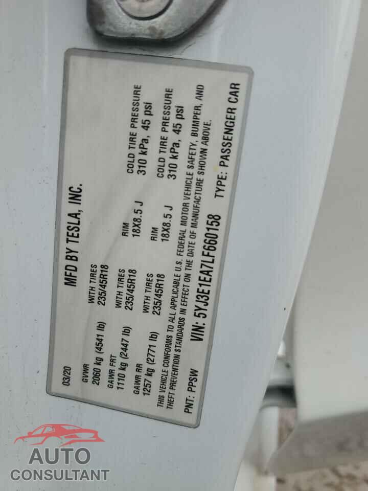 TESLA MODEL 3 2020 - 5YJ3E1EA7LF660158