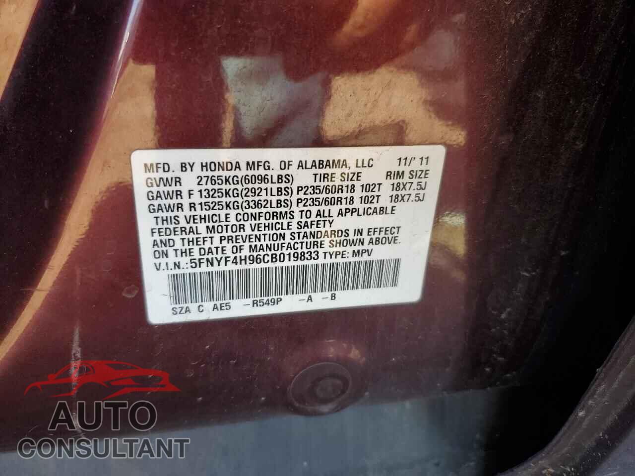 HONDA PILOT 2012 - 5FNYF4H96CB019833