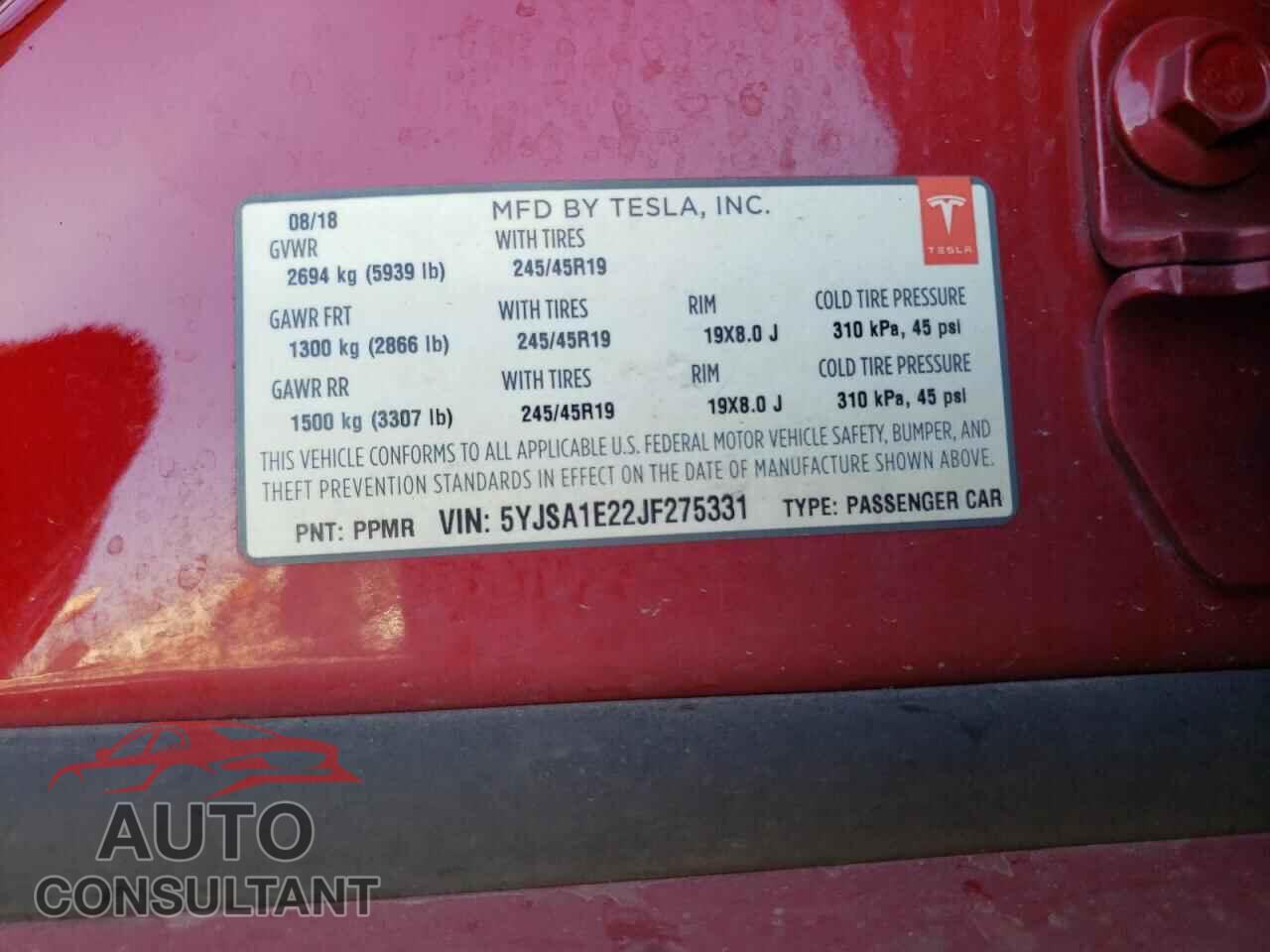TESLA MODEL S 2018 - 5YJSA1E22JF275331