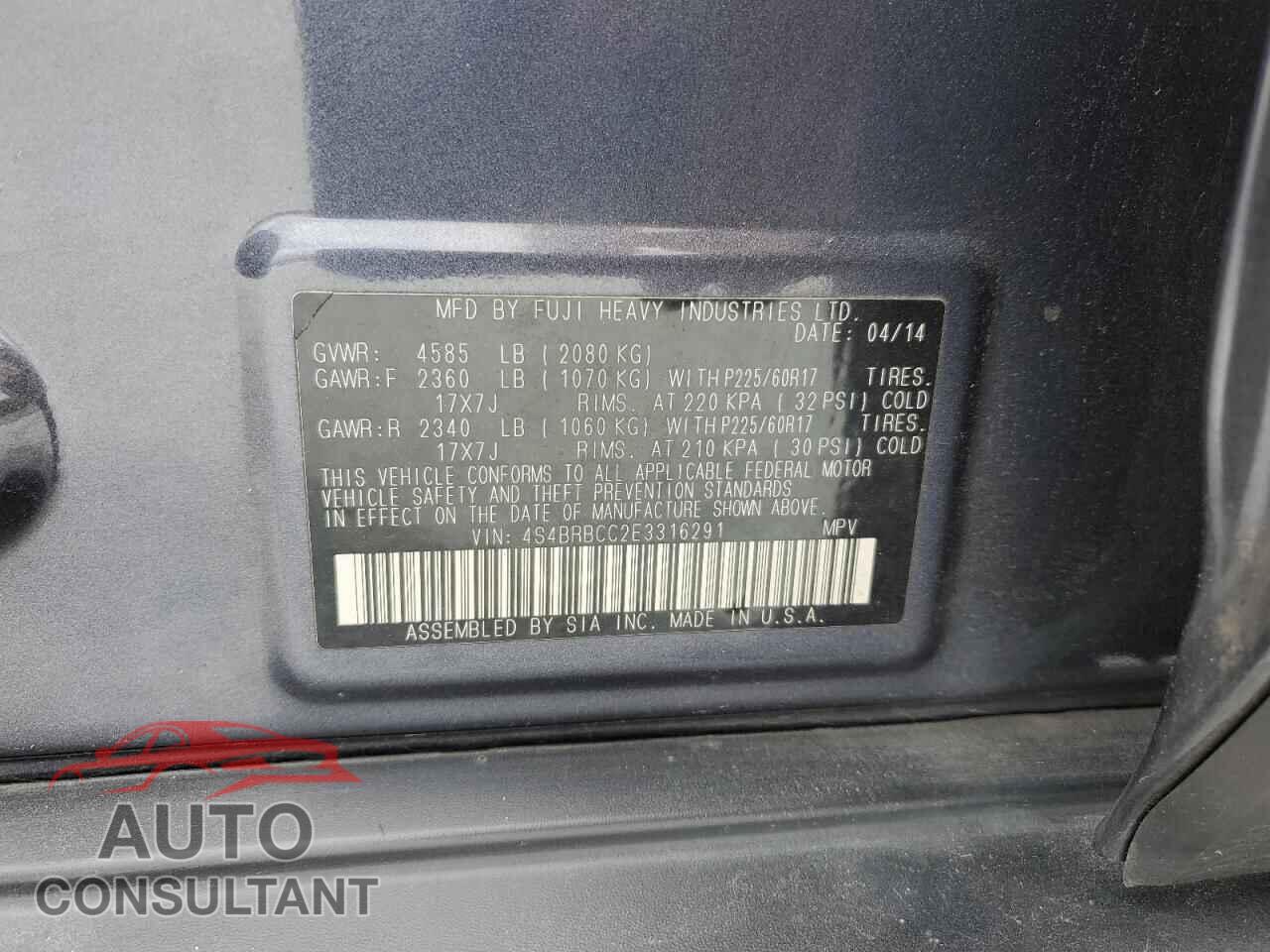 SUBARU OUTBACK 2014 - 4S4BRBCC2E3316291