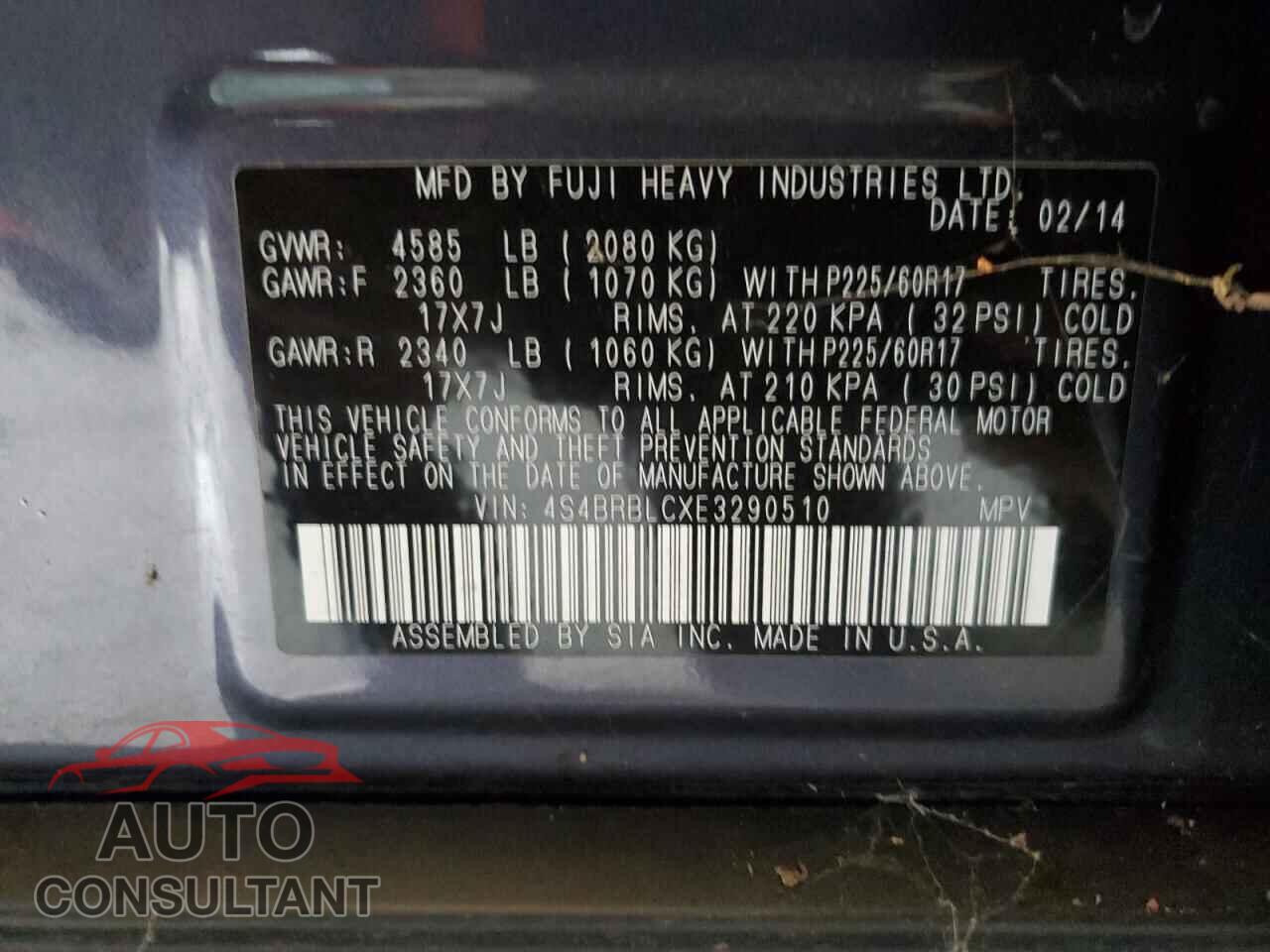 SUBARU OUTBACK 2014 - 4S4BRBLCXE3290510