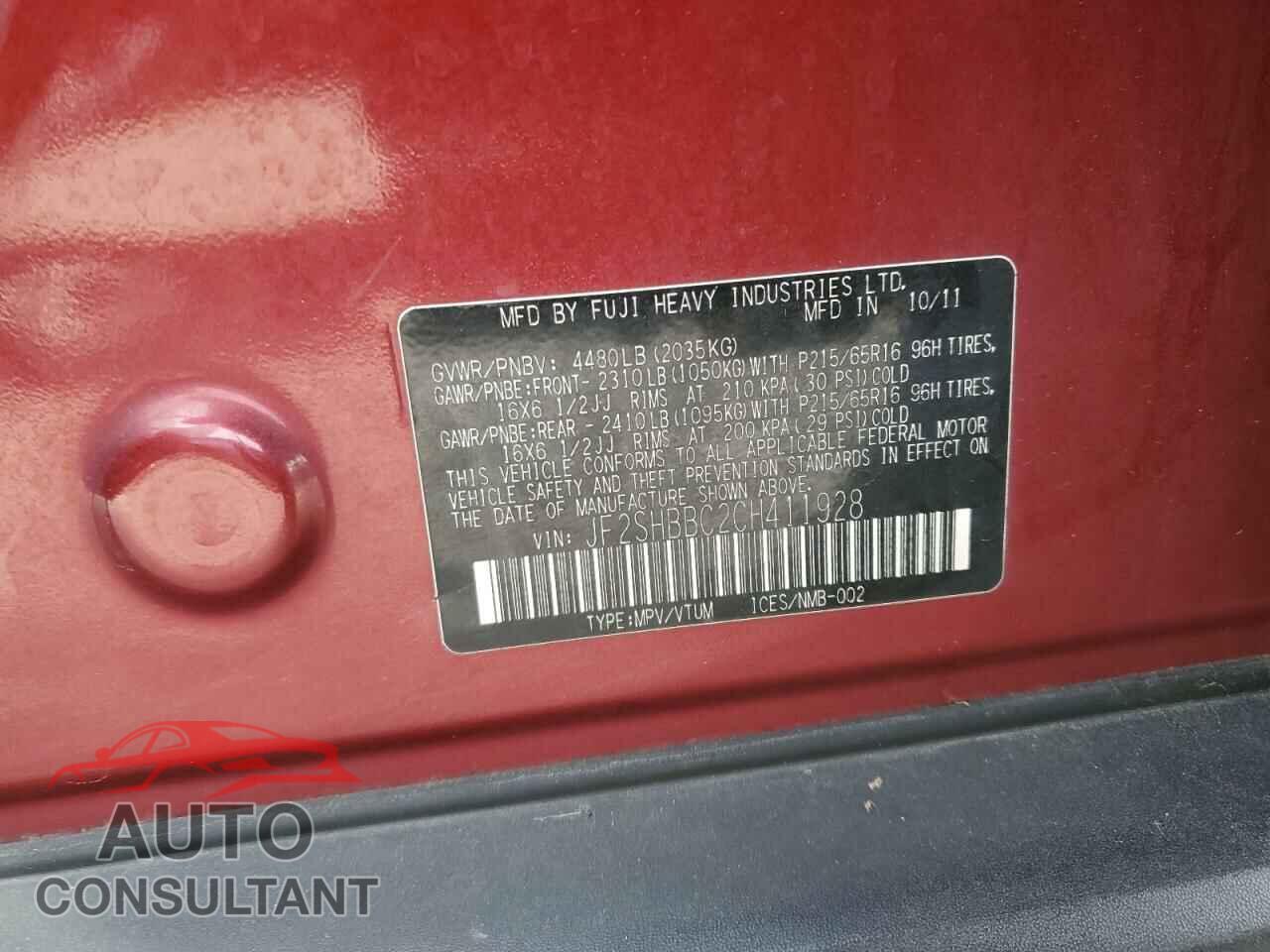 SUBARU FORESTER 2012 - JF2SHBBC2CH411928