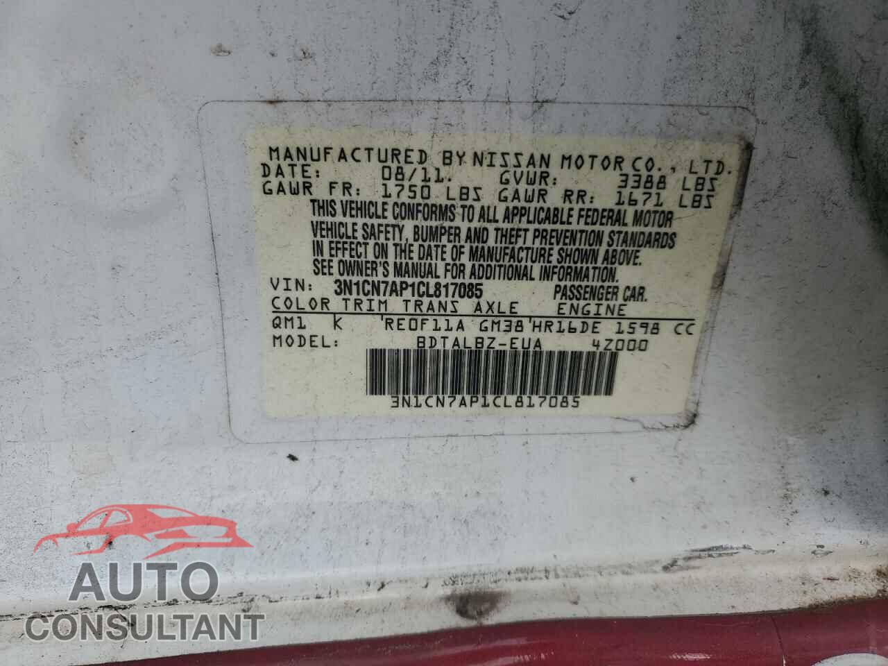 NISSAN VERSA 2012 - 3N1CN7AP1CL817085