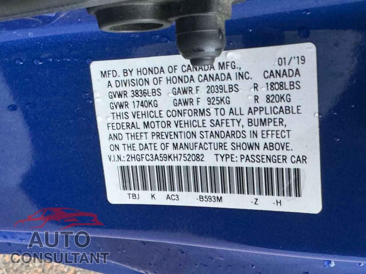 HONDA CIVIC 2019 - 2HGFC3A59KH752082