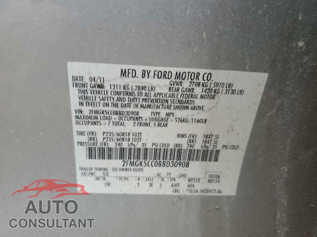 FORD FLEX 2011 - 2FMGK5CC0BBD30908