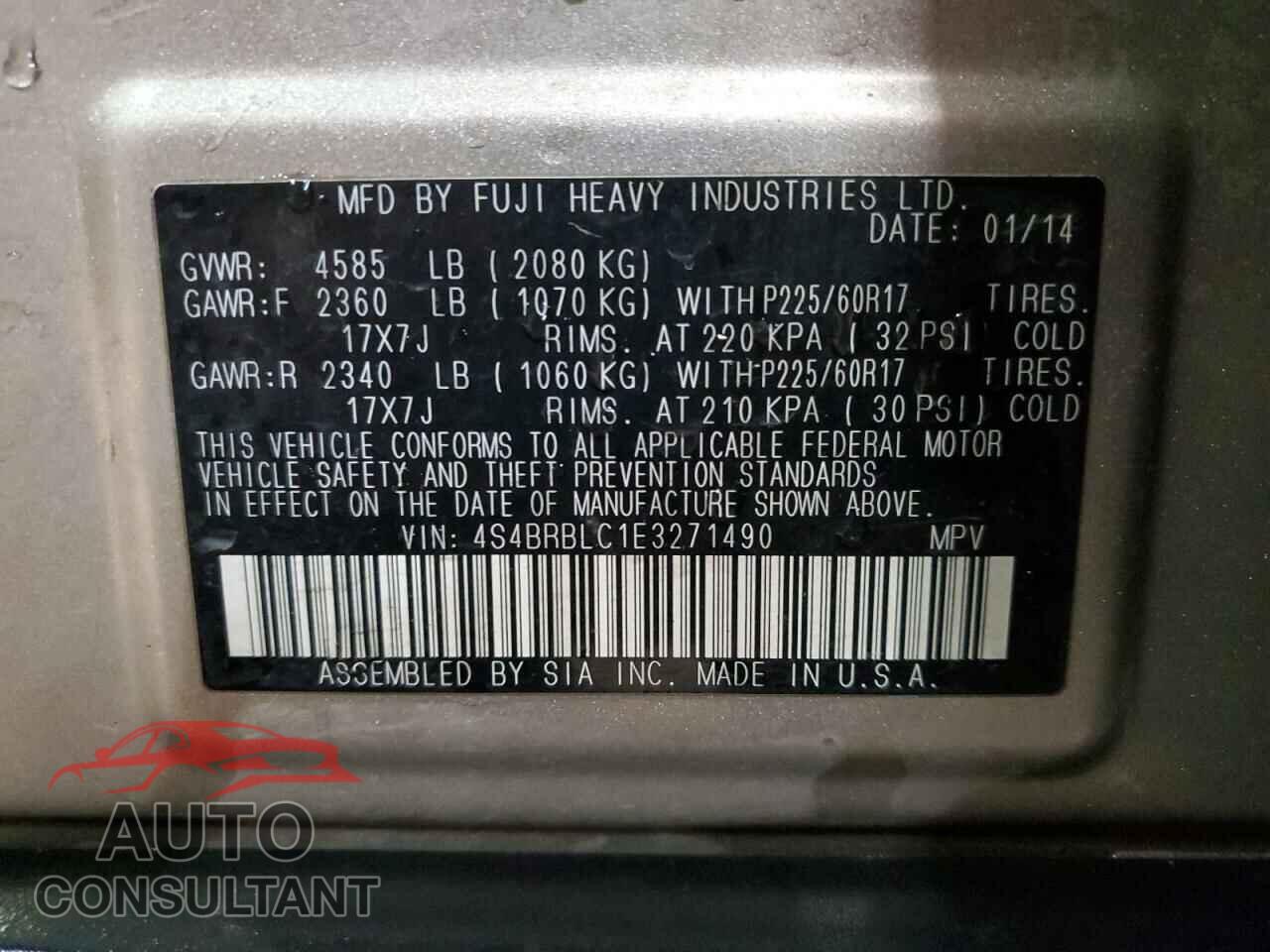 SUBARU OUTBACK 2014 - 4S4BRBLC1E3271490