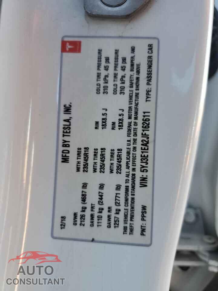TESLA MODEL 3 2018 - 5YJ3E1EA2JF162611