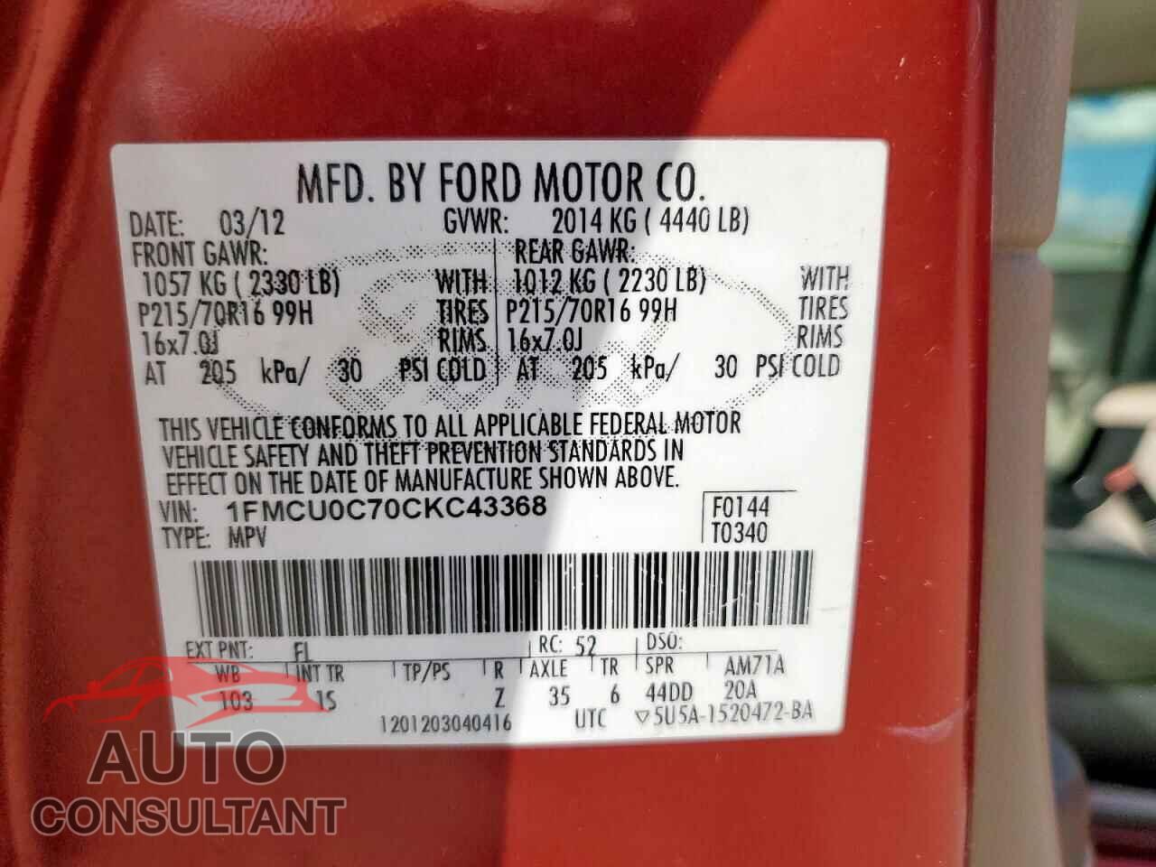 FORD ESCAPE 2012 - 1FMCU0C70CKC43368