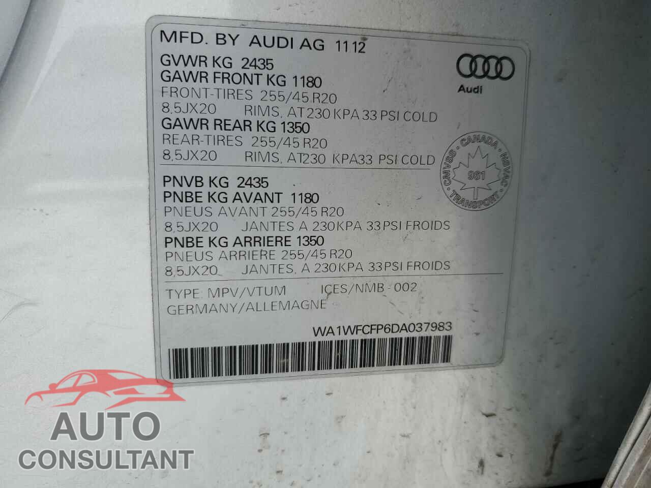 AUDI Q5 2013 - WA1WFCFP6DA037983