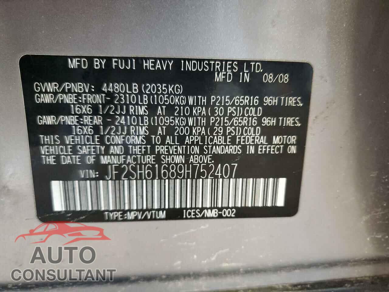 SUBARU FORESTER 2009 - JF2SH61689H752407