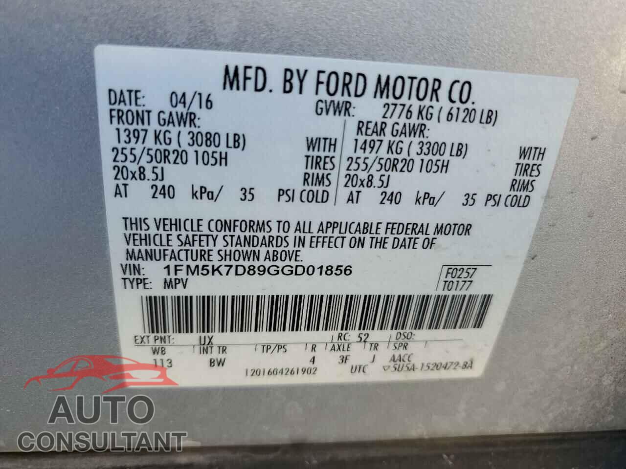 FORD EXPLORER 2016 - 1FM5K7D89GGD01856