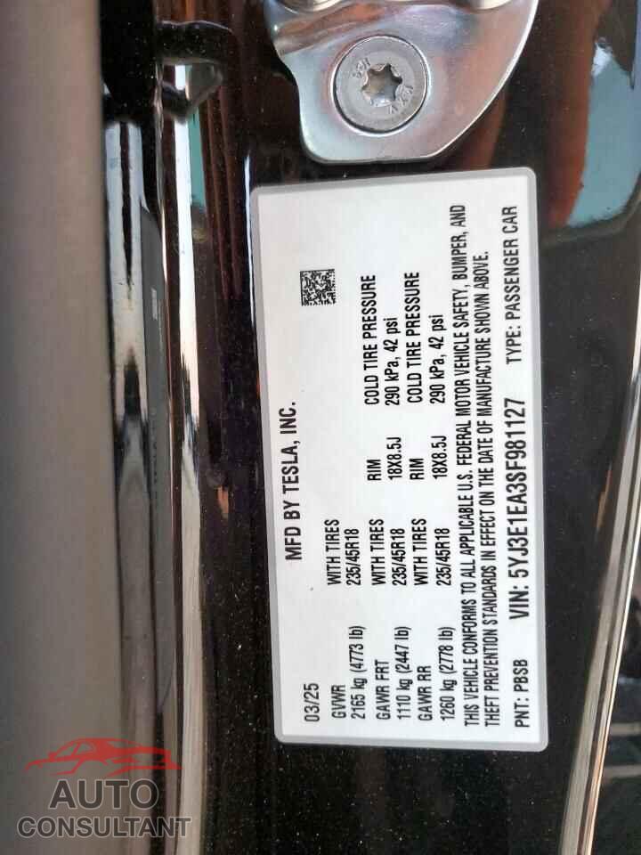 TESLA MODEL 3 2025 - 5YJ3E1EA3SF981127