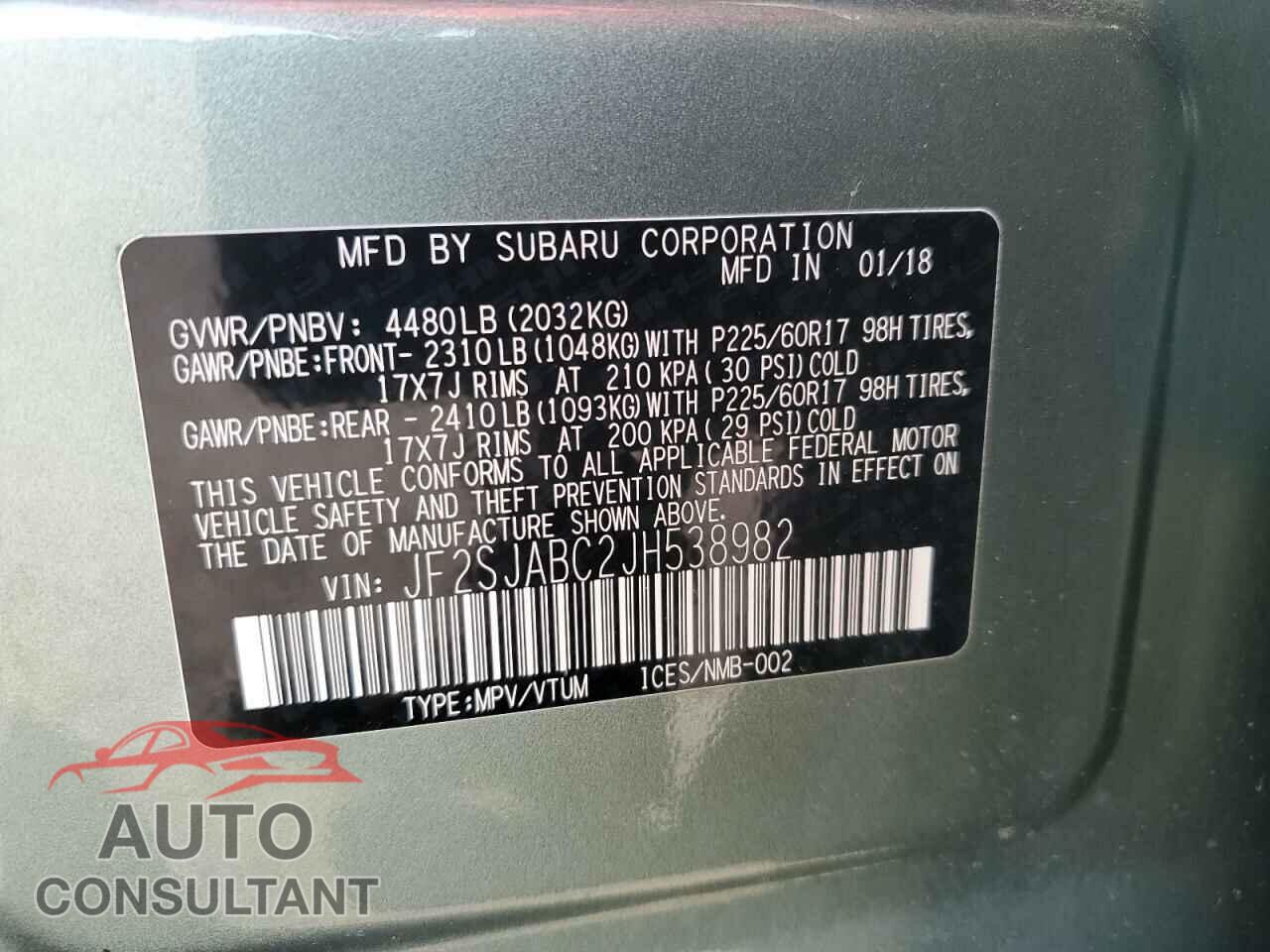 SUBARU FORESTER 2018 - JF2SJABC2JH538982